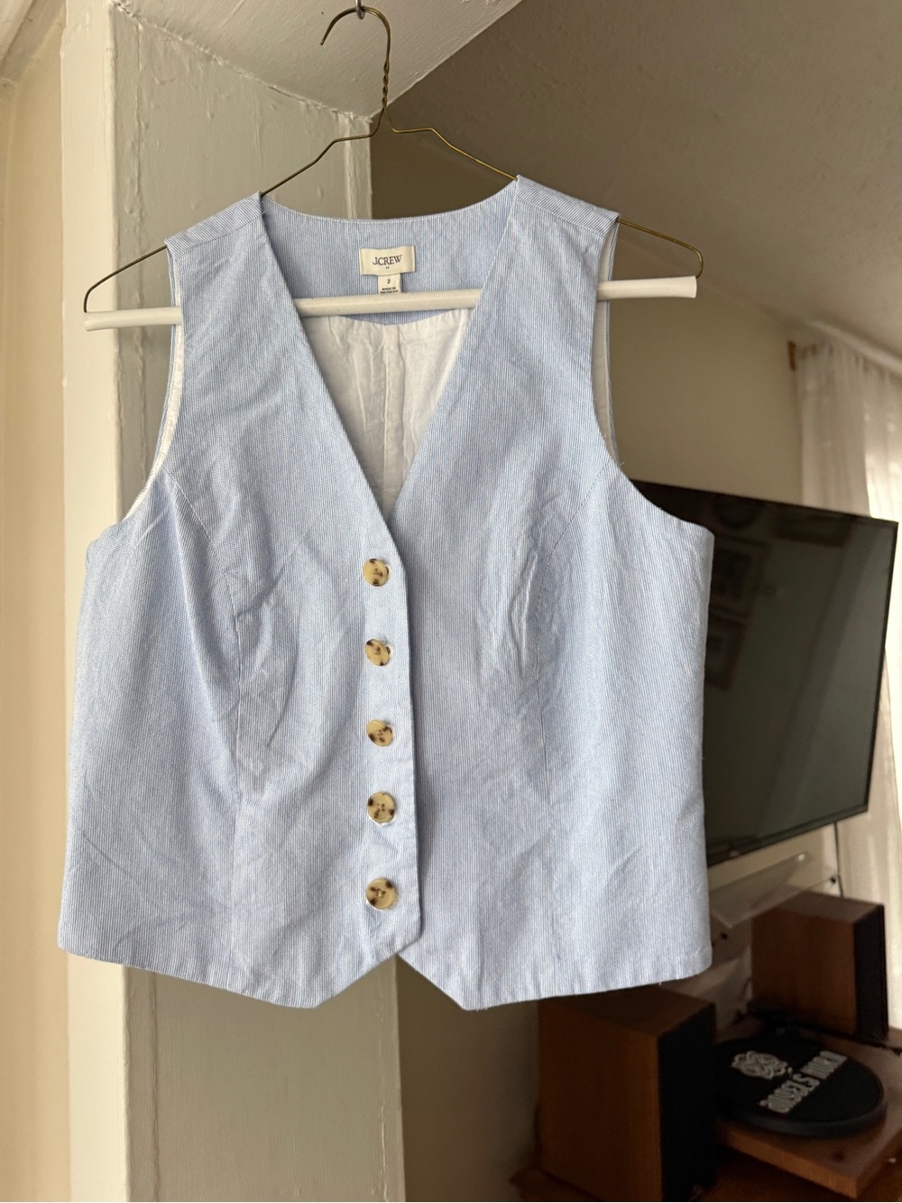 J.Crew Size 2 Blue White Stripe Tailored Button Front Vest Waistcoat